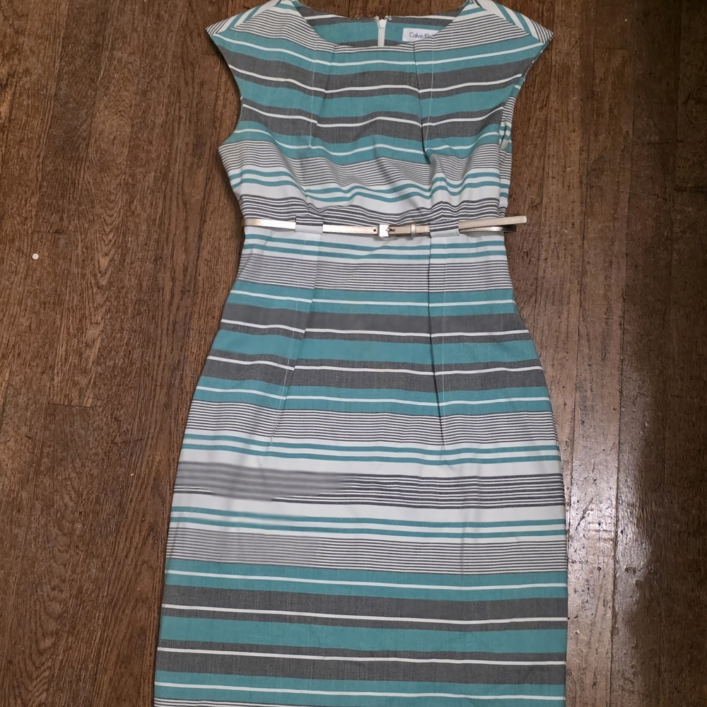 Calvin Klein Teal and Gray Striped Midi Dress